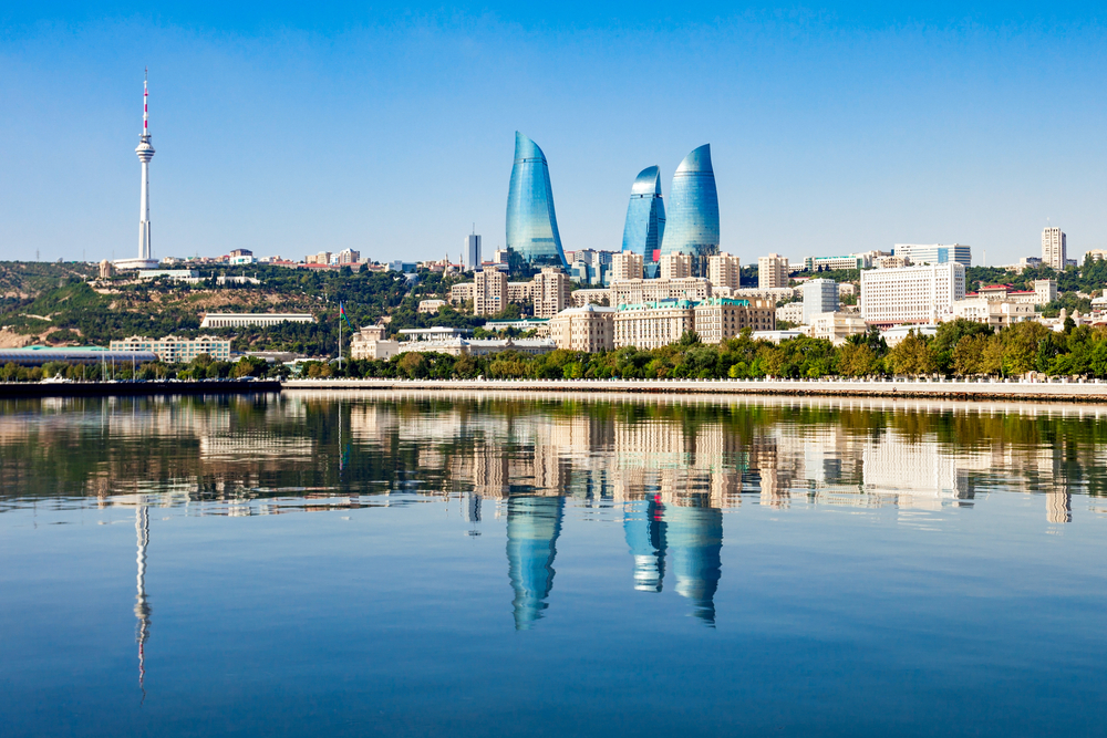 Flame Towers modern skyscrapers lighting the skyline of Baku Azerbaijan at night